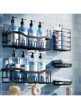 5-Pack Rustproof Stainless Steel Shower Caddy Set– No Drill Adhesive Bathroom